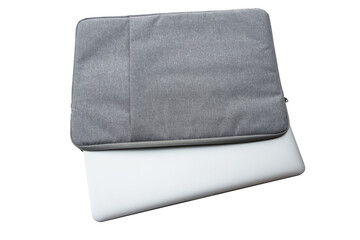 Canvas Polyester texture synthetical textile laptop bag on white background. 