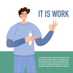 Naklejka premium Doctor and quote It is work. Making potions, vaccine. Vector illustration. Medical poster for clinics. Healthcare professionals banner template. Hospital personal, team.