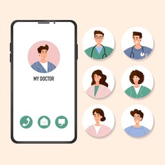 Medical App for telephone. Choice the personal doctor. Disease control. Vector illustration. Poster, print card design. Clinic, hospetal personal. Fight with pandemic.  Media technology, communication