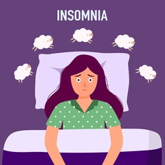 Sleepless woman suffering from insomnia and counting sheep. Female with open eyes in darkness night lying on bed concept vector illustration. Young girl try to sleep under blanket.