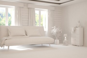 Mock up of minimalist living room in white color with sofa. Scandinavian interior design. 3D illustration