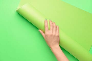 Female hand with paper roll on color background