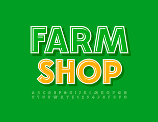 Vector logo template Farm Shop. Green bright Font. Glossy Alphabet Letters and Numbers set