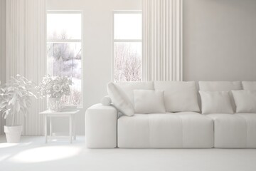 Mock up of stylish room in white color with sofa and winter landscape in window. Scandinavian interior design. 3D illustration