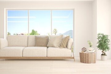 Minimalist living room in white color with sofa and summer landscape in window. Scandinavian interior design. 3D illustration