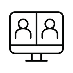 customisable real line icon of a desktop computer with a live broadcast on a social streaming channel with a symbol of a person having a video call or online conference meeting color editable