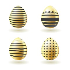 Set with Realistic gold eggs isolated on white background. Vector illustration. Easter celebration, religion holiday. Catholic, orthodoxy. Stripes design.