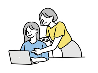 引継ぎ、教育、指導をする女性のイラスト(先輩、上司、資料作成、ワークフロー、仕事の手順、ビジネス) Illustrations of women who take over, educate, and teach (senior, supervisor, material preparation, workflow, work procedures , Business)