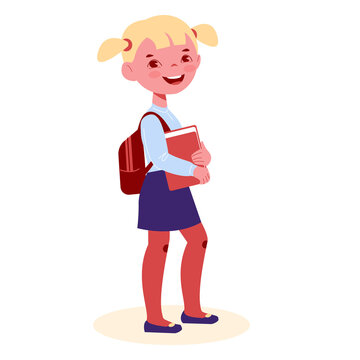 The schoolgirl is standing with books. Vector illustration in flat cartoon style. Isolated on a white background.