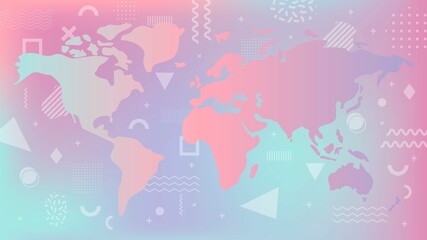 World map in gradient colors. Vector illustration. Memphis style. Web page. Wallpaper, background. Countries, continents, Asia, Europe, America, Africa, Australia. 