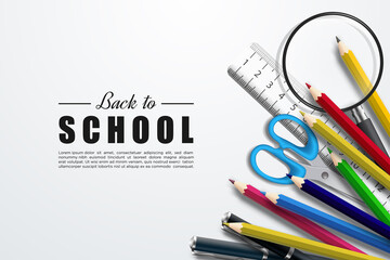 Back to school with illustration of school tools on a white background.