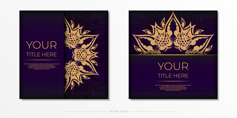 Luxurious purple square postcard template with vintage abstract ornament. Elegant and classic vector elements ready for print and typography.