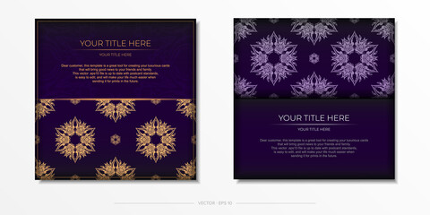 Luxurious purple square postcard template with vintage abstract ornament. Elegant and classic vector elements ready for print and typography.