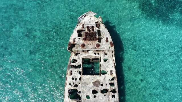 Top-Down View Of SS Sapona Shipwreck, Concrete Hulled Shipwreck Near Bimini In The Bahamas. - aerial