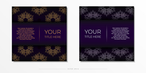 Luxury purple square postcard template with vintage abstract mandala ornament. Elegant and classic vector elements ready for print and typography.
