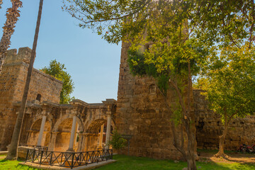 ANTALYA, TURKEY: Adrian Gate in the afternoon. Antique ancient construction of marble and limestone.