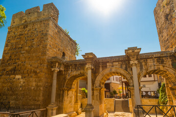 ANTALYA, TURKEY: Adrian Gate in the afternoon. Antique ancient construction of marble and limestone.