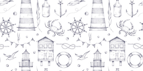 Vintage monochrome nautical seamless pattern with lighthouse, bottle, anchor, lifebuoy, wheel, seagull, crab, fish, flag, rope, pearl, knot and water plant. Pattern isolated on white background.