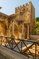 Fototapeta na wymiar ANTALYA, TURKEY: Adrian Gate. Antique ancient construction of marble and limestone.