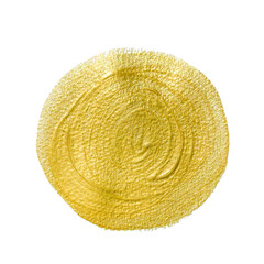 Gold round paint shining bush stroke on watercolor paper. Abstract Paint texture.