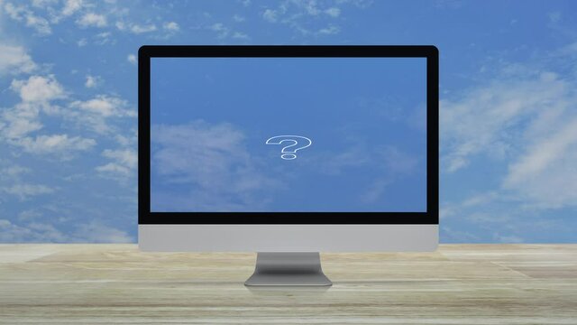 Question mark sign icon with modern laptop computer on wooden table over blue sky with white clouds, Business customer service and support online concept