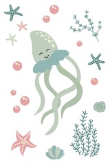 Naklejka premium Postcard with cute hand drawn jellyfish. White background, isolate. Vector illustration.