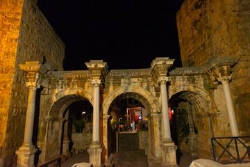 ANTALYA, TURKEY: Adrian Gate in the evening. Antique ancient construction of marble and limestone.