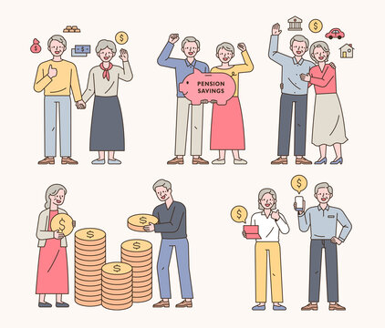 A collection of characters of an elderly couple who manage wealth for old age. outline simple vector illustration.