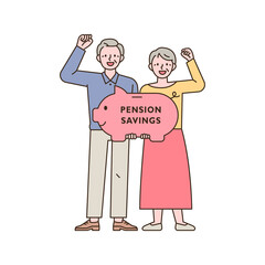 Two old men are cheering with piggy banks. outline simple vector illustration.