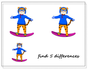 a game for children find the differences, winter, a tiger on a snowboard, a symbol of the year. vector