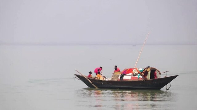 Local Fisherman Fishing On Padma River In Bangladesh. Slow Motion