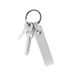 Keys with leather keychain on white background