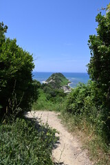 Blick auf die Halbinsel Kepi i Rodonit mit Wanderweg zum Rodoni Castle in Albanien