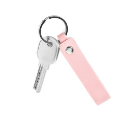 Key with leather keychain on white background