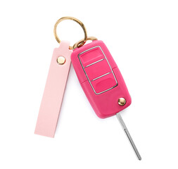 Car key with leather keychain on white background