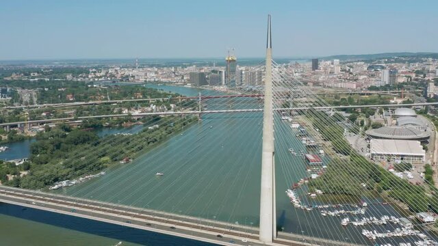Ada Bridge Over Sava River And Cityscape Of Belgrade In Serbia. aerial