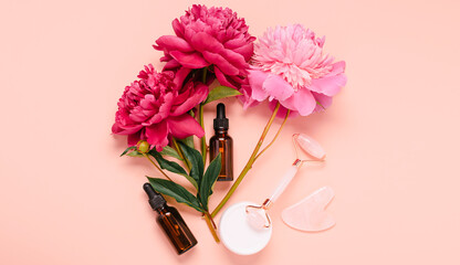 Cosmetic essential oil vials clean soft towel rose quartz roller facial massager Gua-sha stone for facial beauty massage