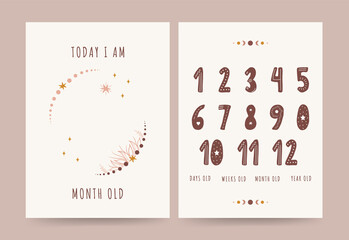 Kids milestone cards. Nursery posters capturing special moments. Cute numbers for birthday card template. Scandinavian vector illustration in boho style.