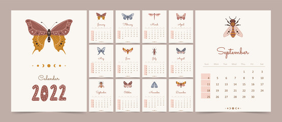 Fototapeta Magic calendar 2022 with boho insects. Butterfly, moth and bee with celestial elements. Abstract aesthetic vector illustration. Template in scandinavian style. obraz