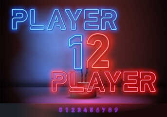 Player 2 and Player 1 neon sign, bright signboard, light banner. Game logo neon, emblem. Vector illustration