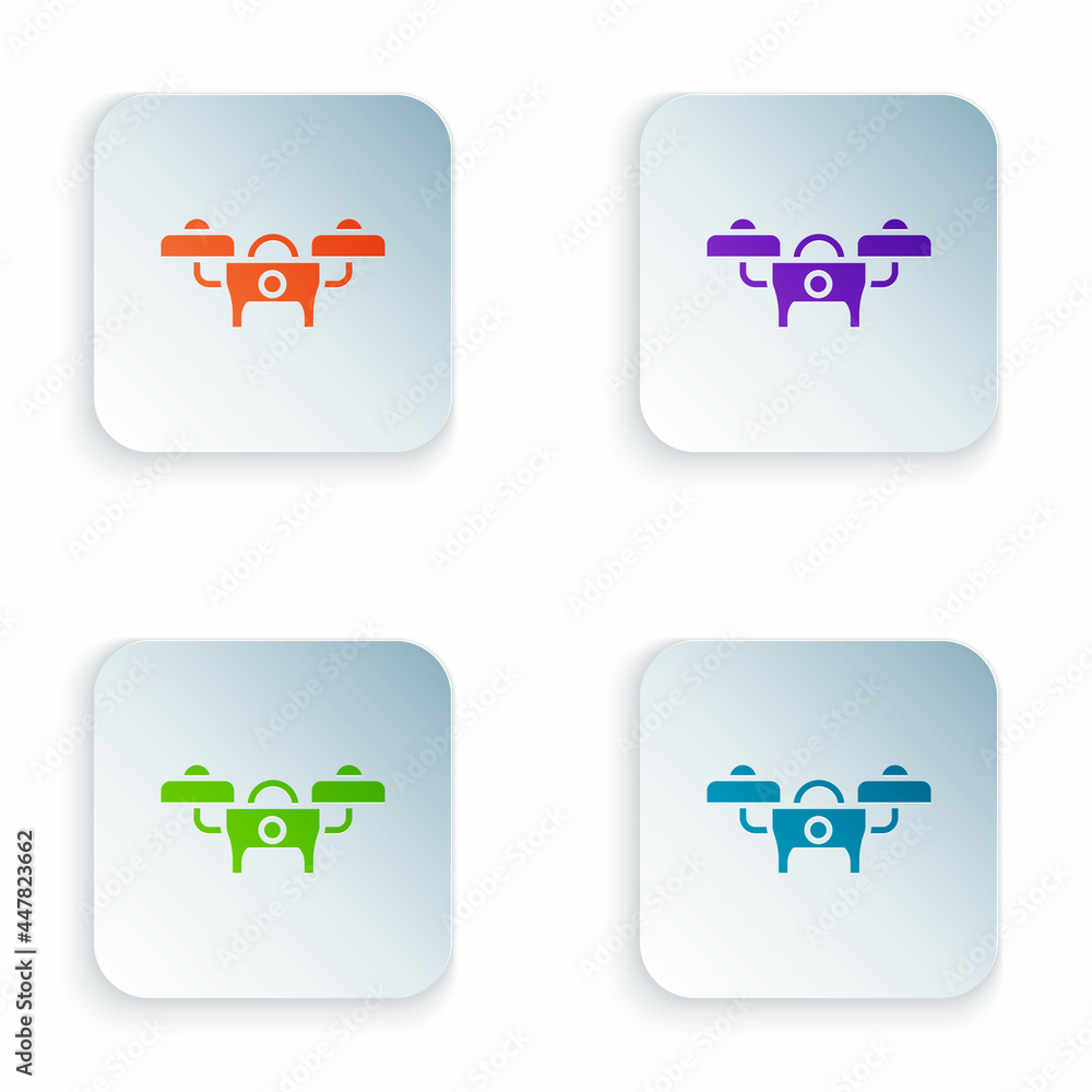Poster color drone flying icon isolated on white background. quadrocopter with video and photo camera symbo
