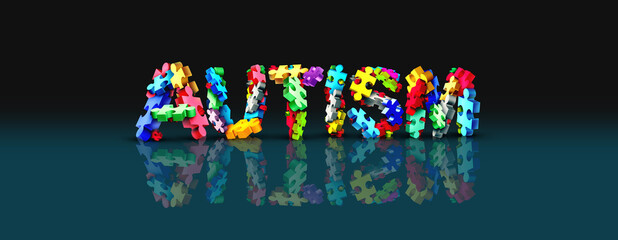 Autistic developmental education and autism disorder puzzle text representing children sand child special learning icon as jigsaw pieces coming together to form text as a 3D illustration on a black ba