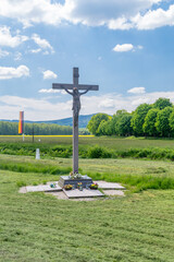 Tripoint of Poland, Czech Republic and Germany borders. Cross on Polish site. Cros with inscription Jesus Christ, king and lord of our history (Polish Jezus Chrystus Krol i Pan naszych dziejow). © Robson90