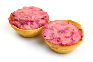 Tartlets with beetroot filling, isolated on white background. High resolution image.