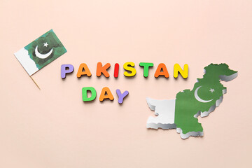 Flag and map of Pakistan on color background. Independence Day celebration