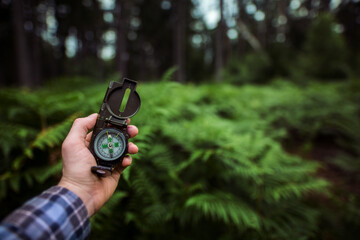 Mann im Wald hält Kompass in der Hand