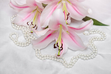 Fototapeta na wymiar The branch of white lilys on white fabric background 