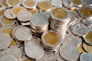 Stack of thai coin (baht) ,selective focus