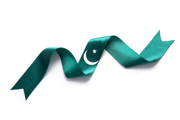 Ribbon in colors of Pakistan flag on white background - obrazy, fototapety, plakaty