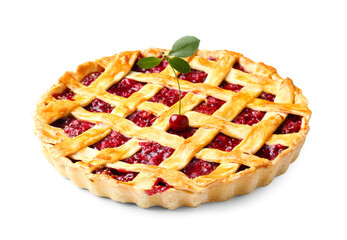 Tasty cherry pie on white background